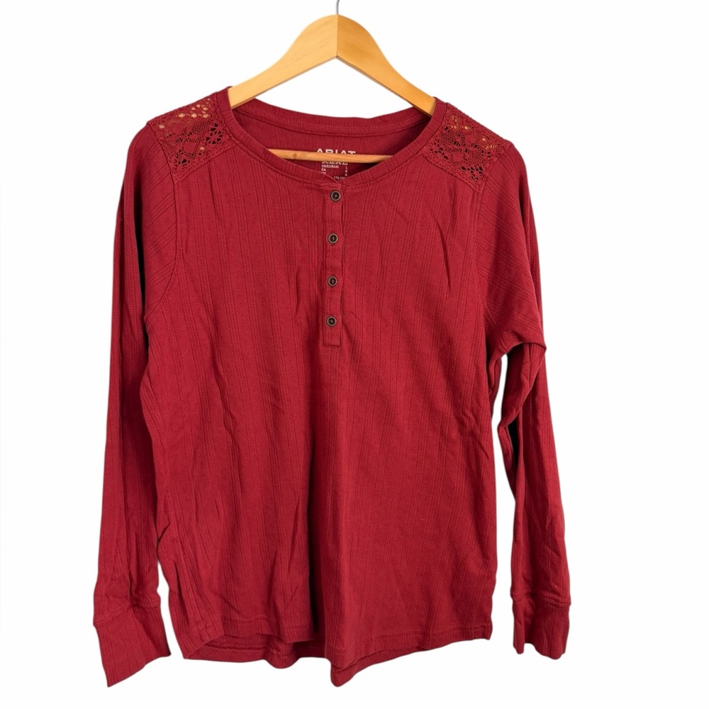 Ariat Women's Pointelle Earth Red Long Sleeve Henley Top Lace Women’s Sz Large - Picture 2 of 12